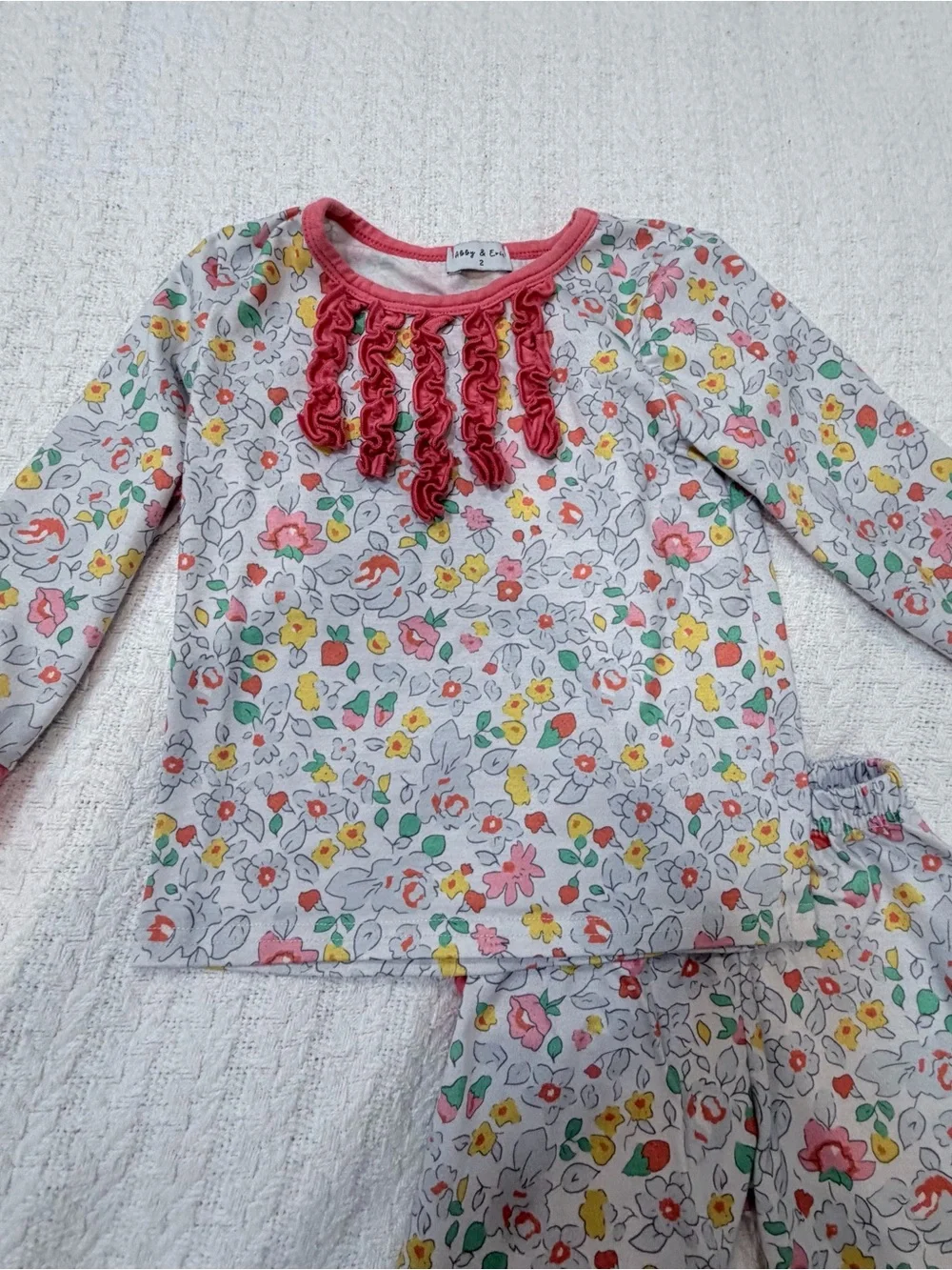 Girls' Floral Ruffle-Trim Cotton Pajama Set in Pink
